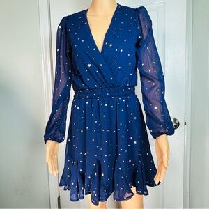Francesca’s Mi Ami Navy Star Print‎ Long Sleeve Ruffle Hem Mini Dress Small NWT
